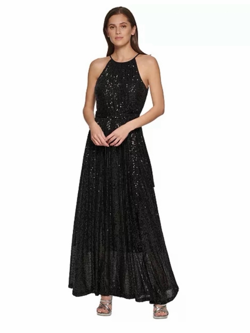 DKNY Black Sequin Halter Evening Gown NWT